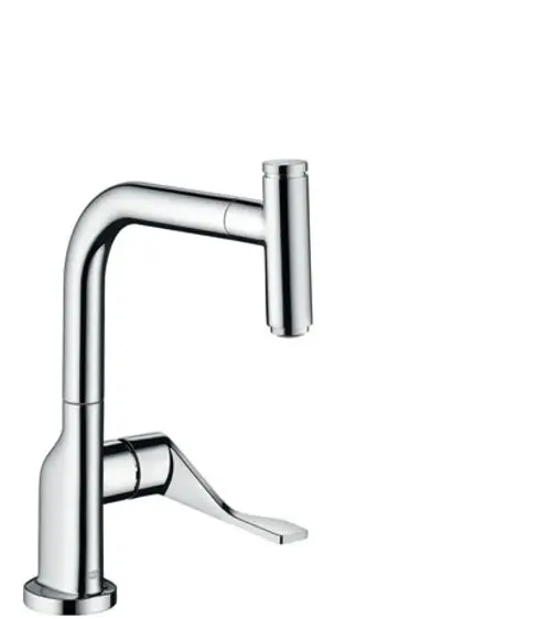 Chromfarbener Spültischmischer von AXOR mit einem Ausziehauslauf und einem ergonomischen Bedienhebel für eine praktische Handhabung.